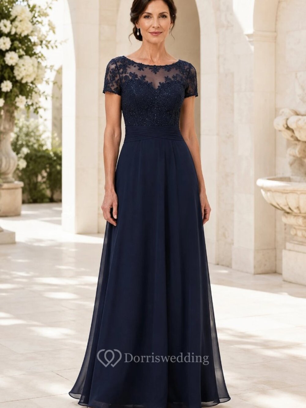 Mother of the Bride Dark Navy Chiffon Lace A-Line Short Sleeve Jewel Neck Floor